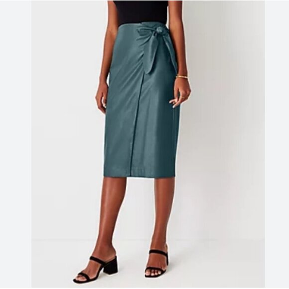 Ann Taylor Dresses & Skirts - ANN TAYLOR Faux Leather Wrap Pencil Skirt Green Tie Waist 4 Classy Shadow Leaf